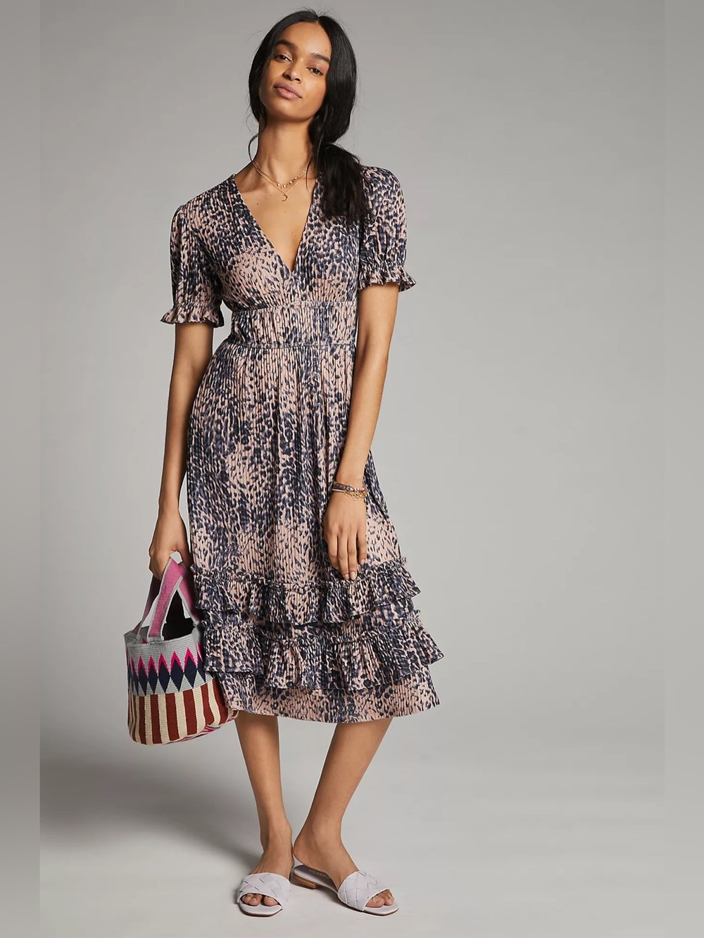 Hutch Anthropologie Adelia Animal Print Ruffled Midi Dress Size Medium